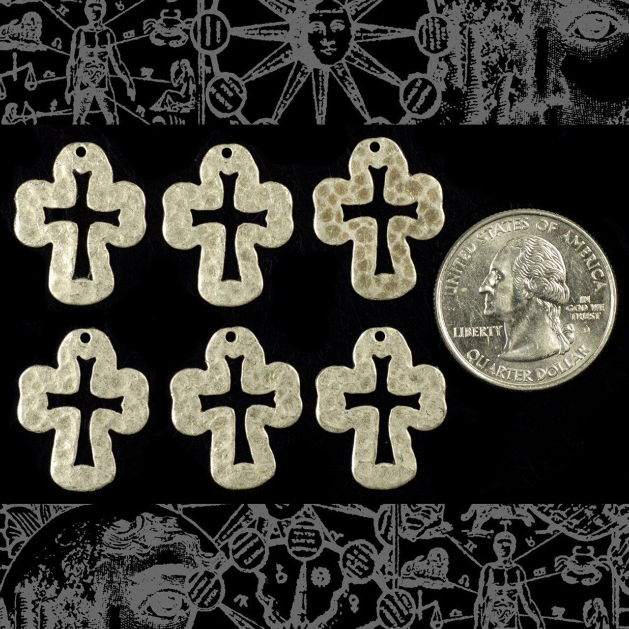 Antiqued Silver Plated Brass Hammered Cut Out Christian Cross Charms - Set of Six - S-C155